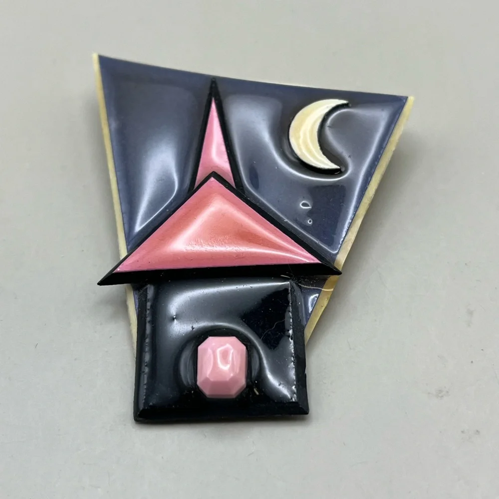 Geometric Brooch with Pink and Black Design Nightime Scene